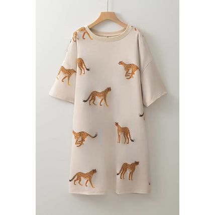 Apricot Plus Size Cheetah Print Side Pockets T Shirt Mini Dress