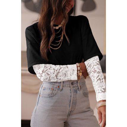 Black Lace Long Sleeve Insert Drop Shoulder Tee