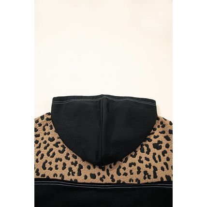 Brown Leopard Patchwork Contrast Stitching Knotted Cuff Quarter Zip Hoodie