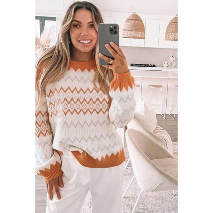 Khaki Zigzag Geometric Pattern Knitted Pullover Sweater