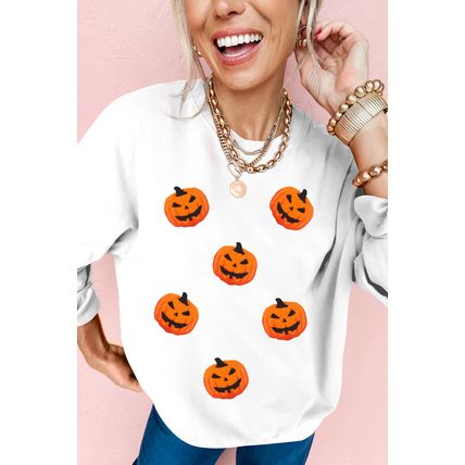 White Pumpkin Face Patched Pattern Halloween Crew Neck Sweatshirt