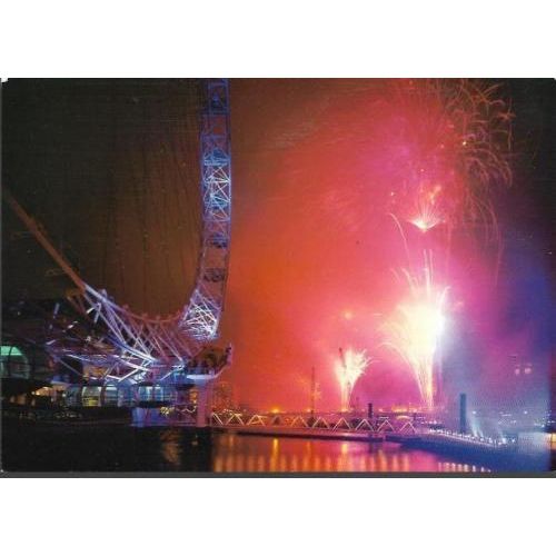 London - London Eye at Millennium (1 Jan 2000), fireworks - postcard