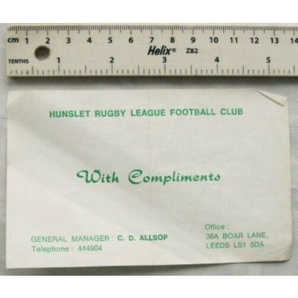 Hunslet Rugby League Football Club compliment slip