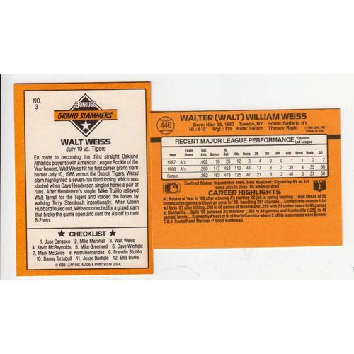 Lot of Two 1989 Donruss Walt Weiss cards #446, Grand Slammers insert #3