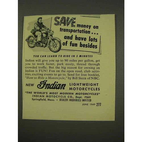 1949 Indian Motorcycle Ad - Save on Transportation