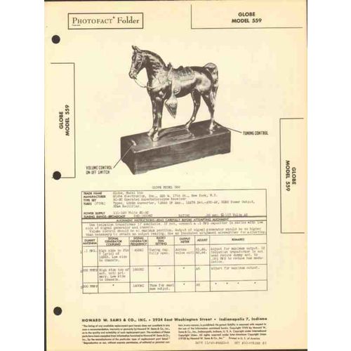 GLOBE model 559 5 tube AM radio receiver horse Sams Photofact manual