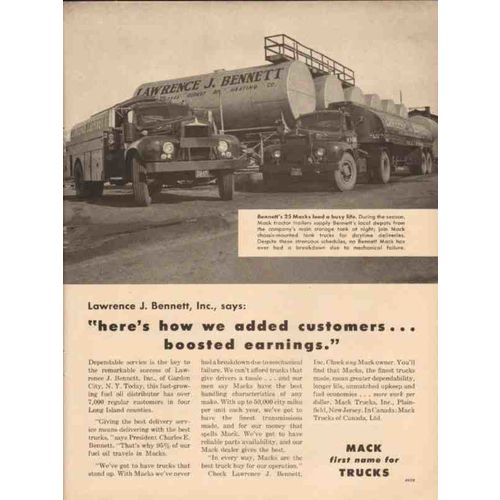 MACK TRUCKS 1957 Lawrence J Bennett Garden City NY oil vintage ad