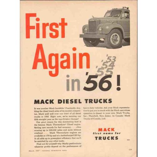 MACK TRUCKS 1957 First again 56 landslide Thermodyne diesel vintage ad