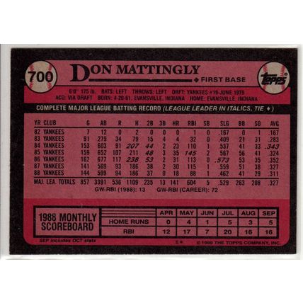 1989 Topps Don Mattingly baseball card #700 – HOF