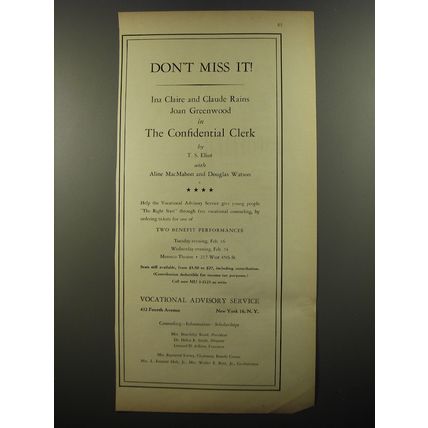 1954 Vocational Advisory Service Ad - Don't Miss it! Ina Claire
