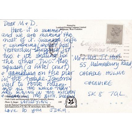 Corfe Castle Postcard posted 1983 creased
