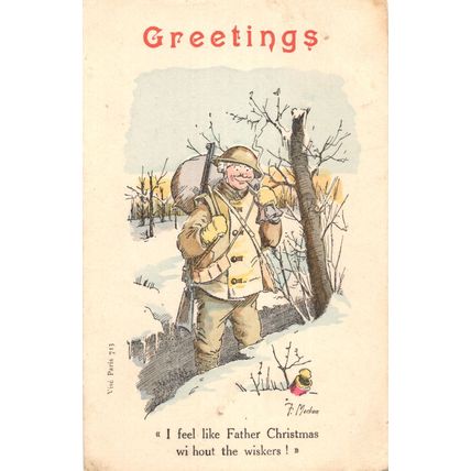 Tommy At Christmas WW1 Soldier Smoking Pipe in Snow Comic Old Postcard