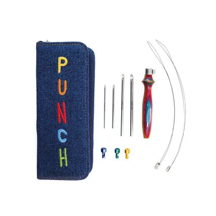 KnitPro Punch Needle Set Adjustable The Vibrant Kit blue denim case threaders