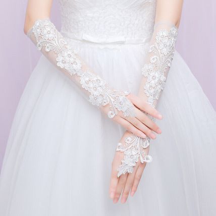 Evening Party 3D Floral Lace Long Gloves Mesh Flower Hollw Out Bride Wedding