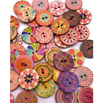 20mm Round Shabby Chic Vintage Buttons 2 Hole Mixed Pattern Wooden Sewing
