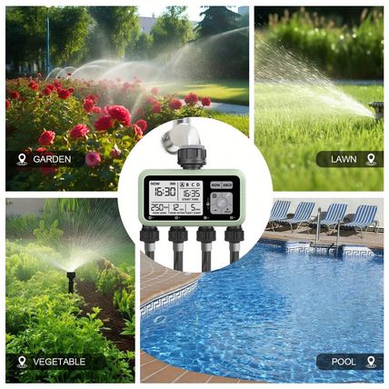 4 Outlet Sprinkler Timer, Water Timer, Programmable Garden Hose Timer with Rain