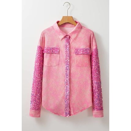 Apricot Pink Mineral Wash Sequin Patchwork Flap Pocket Shacket