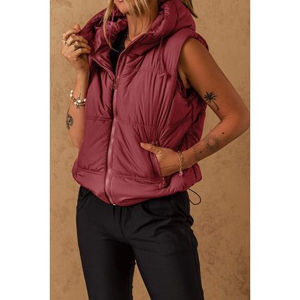 Clay Zip-up Side Pockets Hooded Puffer Vest