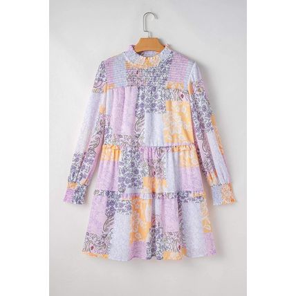 Multicolour Floral Smocked Mock Neck Ruffled Tiered Bubble Sleeve Dress