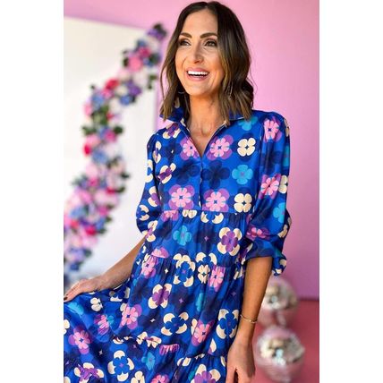 Blue Floral Peasant Sleeve Tiered Ruffle Midi Dress