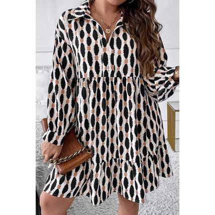 Apricot Geometric Print Collared V Neck Plus Size Mini Dress