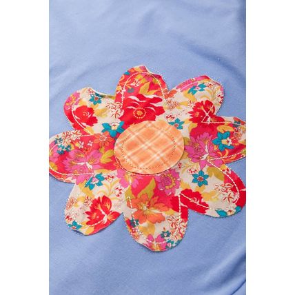 Sky Blue Flower Patched Exposed Stitching Trim Crew Neck Loose Tee