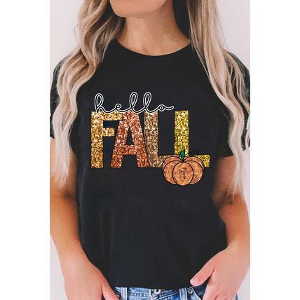 Black Hello Fall Letter Pumpkin Printed Thanksgiving T Shirt
