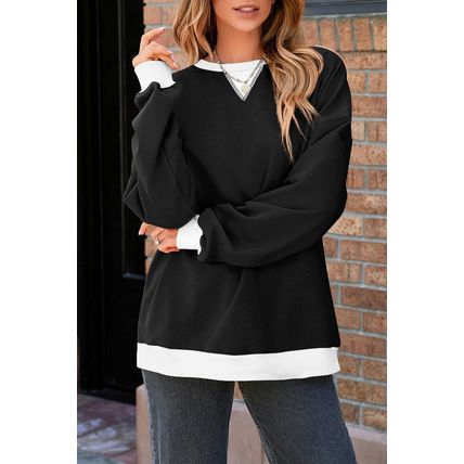 Black Contrast Ribbed Color Block Patchwork Baggy Sweatshirt