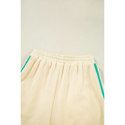 White Contrast Trim Colorblock Long Sleeve Pullover and Drawstring Shorts 2pcs O