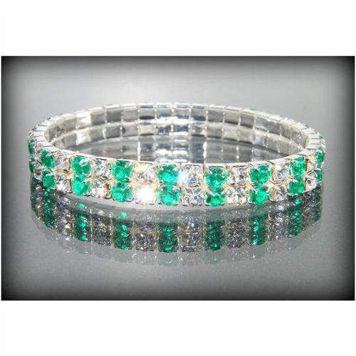 2 Row Wedding Party Light Green Clear Rhinestone Stretch Bracelet Jewellery 1374