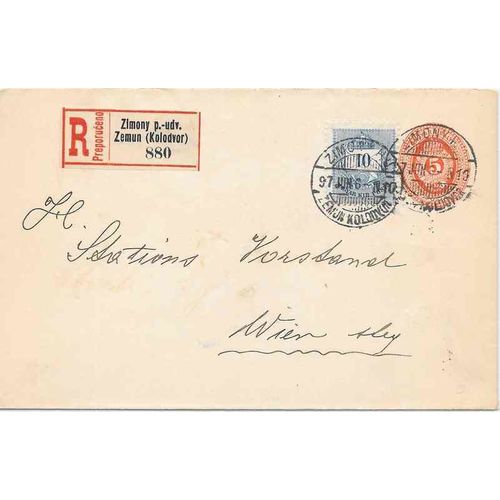 Hungary 1897 Postal sta. REGISTERED Zimony, Kolodvor to Vienna Austria