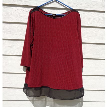Womens Worthington 2X Dark Red Knit Top Chiffon Hem 52 Chest Black Trim