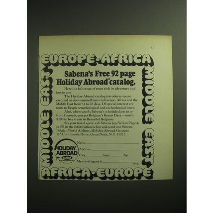 1974 Sabena Airlines Ad - Sabena's Free 92 page Holiday Abroad catalog