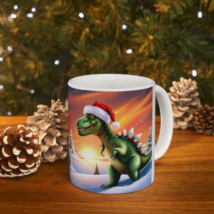 Dinosaur Raptor Rocks Christmas Santa Red Hat Ceramic Mug 11oz Design #1 Mirrore