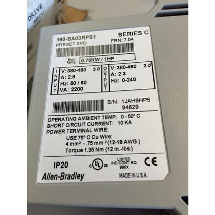 NEW ALLEN BRADLEY 160-BA03RPS1 DRIVE 1HP 460VAC 3PH PS BLANK CHASSIS MOUNTING,ED