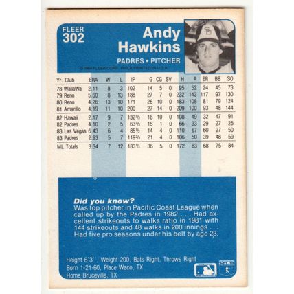 1984 Fleer Andy Hawkins baseball rookie card #302 - RC - Padres