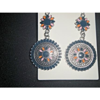 Classic round navy blue and pink dangle earrings