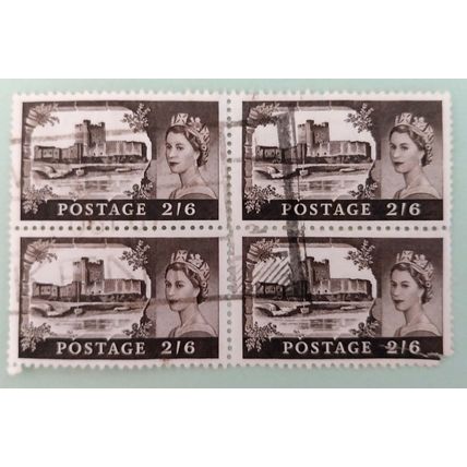 GB 1958 2S6d Castle SG595 block of 4 used 1 torn rest fine