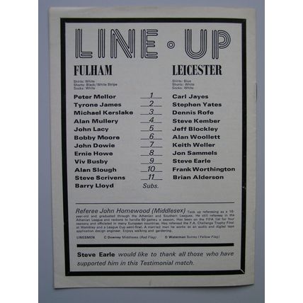 FULHAM v LEICESTER CITY Steve Earle Testimonial 28/10/1975