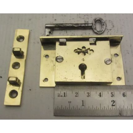 Old Box Chest Lock Victorian Brass 4 Lever Has 1 Working Key and Locking Plate