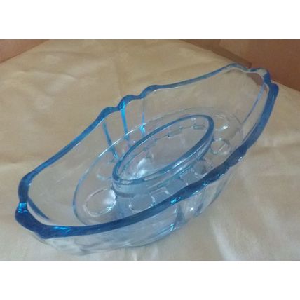 Art Deco Blue Oval Glass Vase with Frog (21cm long x 9cm wide x 9cm tall)