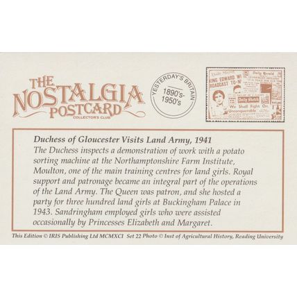 Postcard Duchess of Gloucester Land Army Moulton 1941 WW2 - Nostalgia