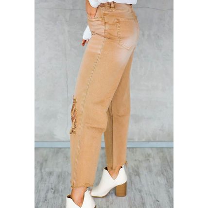 Brown Distressed Hollow-out High Waist Cropped Flare Jeans