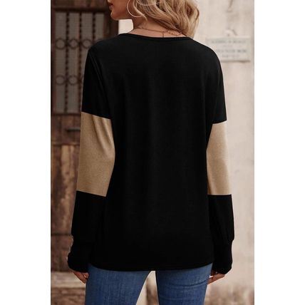 Parchment Colorblock Button Decor Long Sleeve V Neck Top