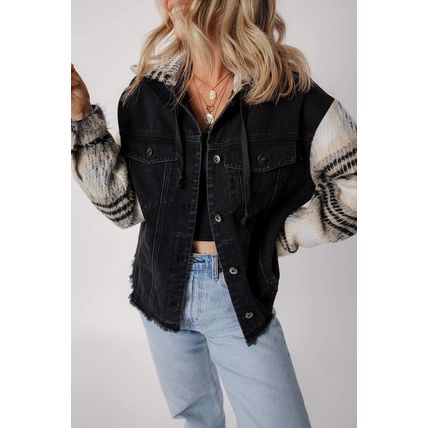 Black Plaid Sleeve Frayed Hem Hooded Denim Jacket
