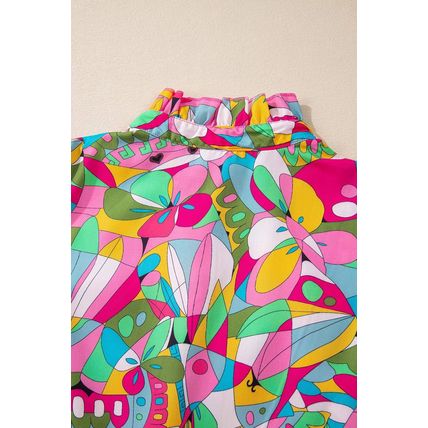 Pink Abstract Printed Lantern Sleeve Buttoned Mini Dress