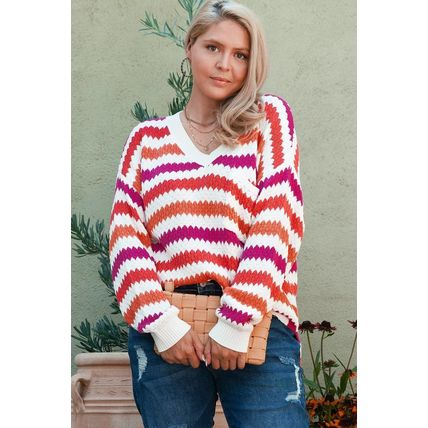 Pink Stripe V Neck Drop Shoulder Plus Size Sweater