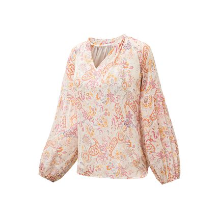 Golden Apricot Floral Print V Neck Long Puff Sleeve Top