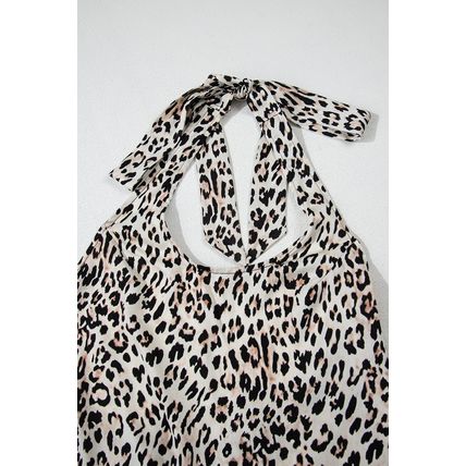 Brown Leopard Printed Halter Neck Backless Ruffled Hem Maxi Dress