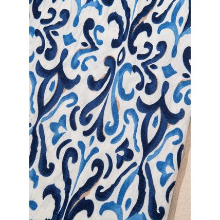 Sky Blue Boho Abstract Print Pintuck Detail Ruffled Top